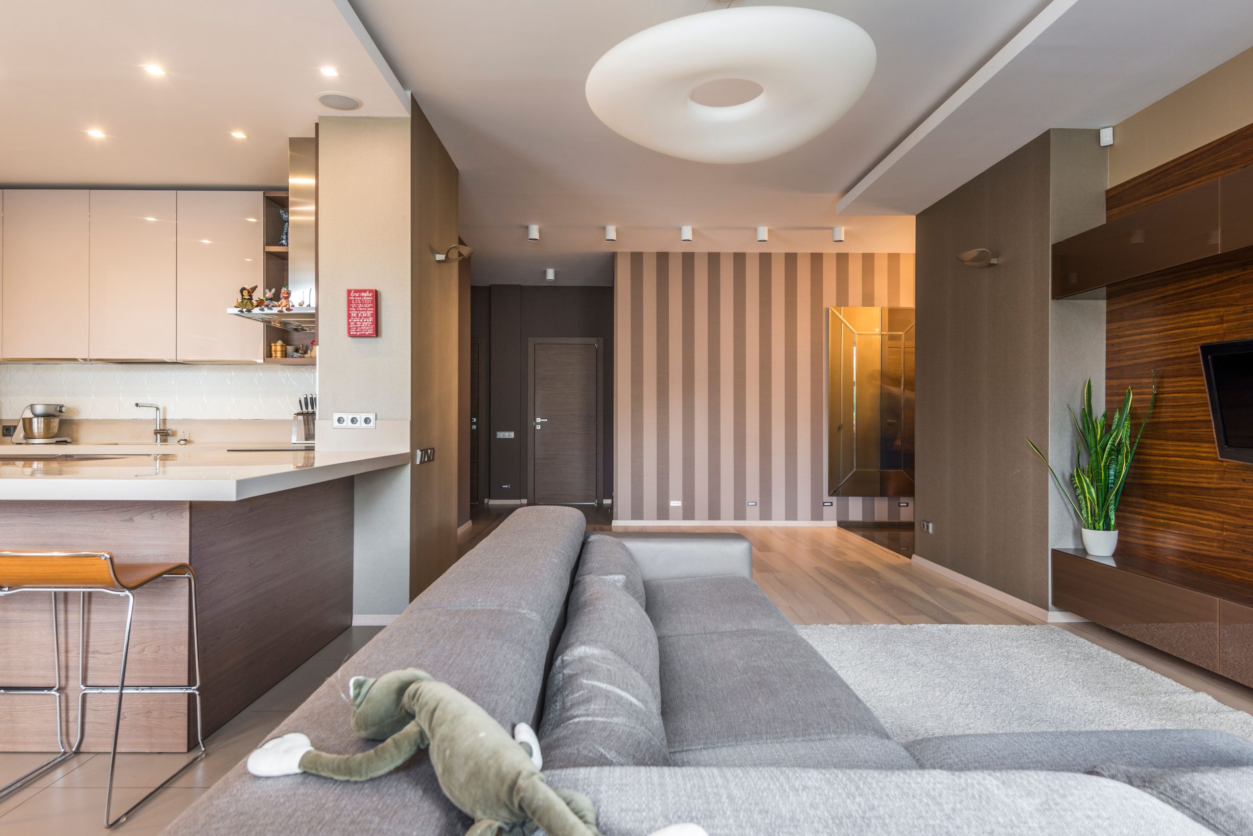 Salon minimaliste avec cuisine ouverte contemporaine