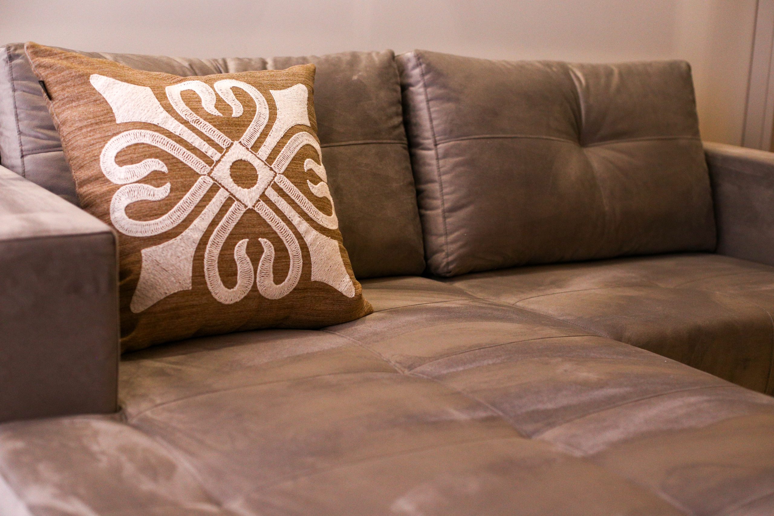Canapé gris élégant coussin artistique