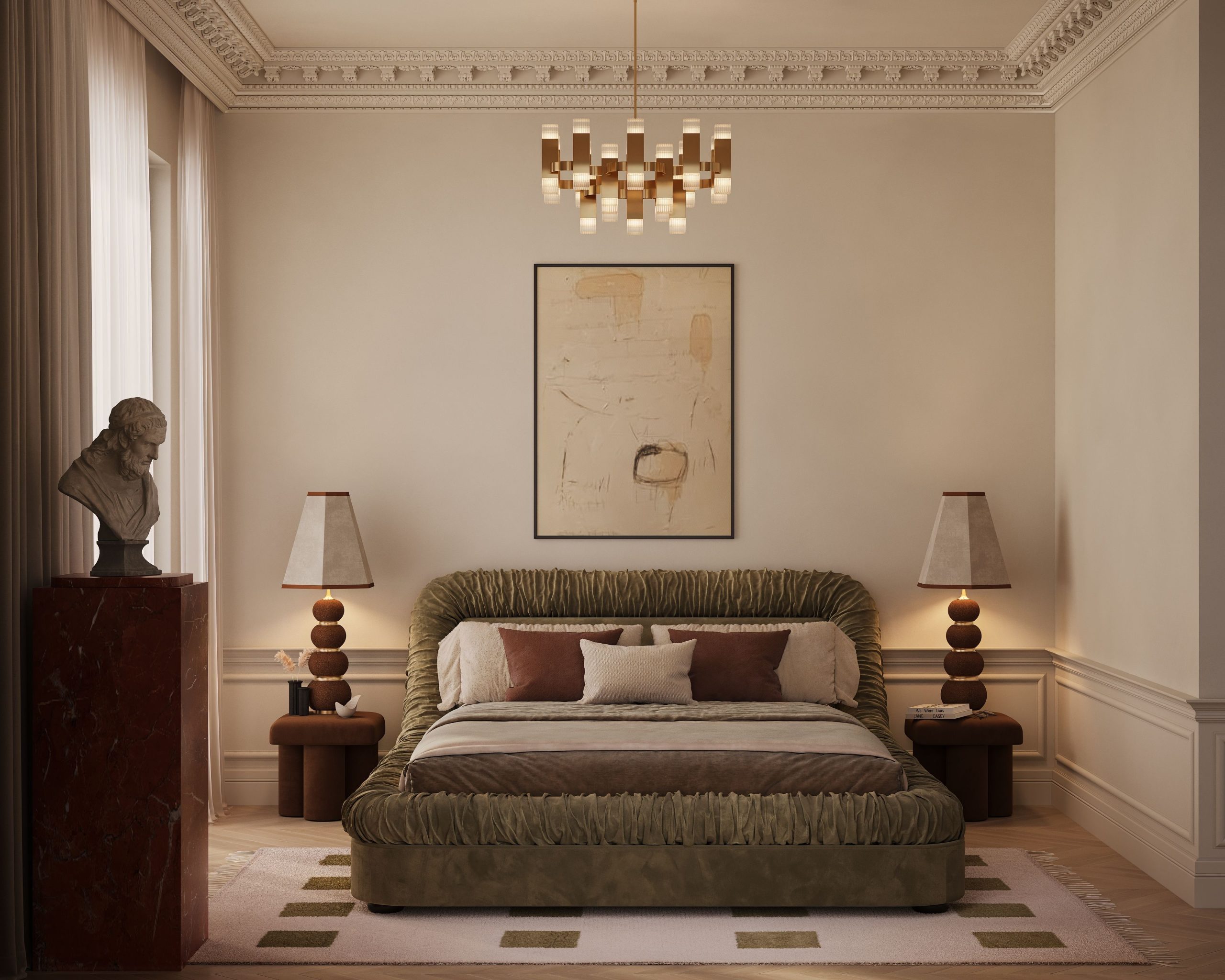 Chambre luxueuse minimaliste avec décor classique.