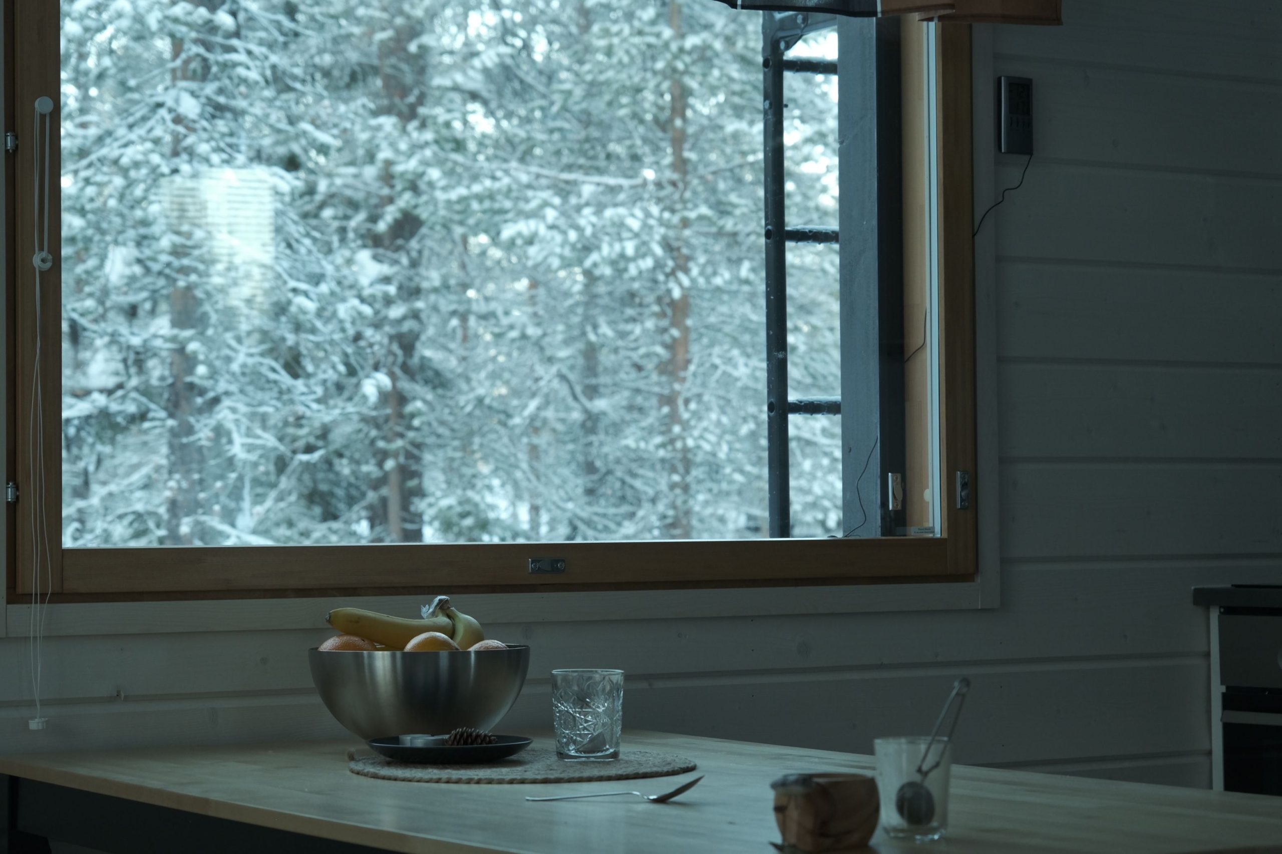 Fenetre de cuisine donnant sur foret enneigee