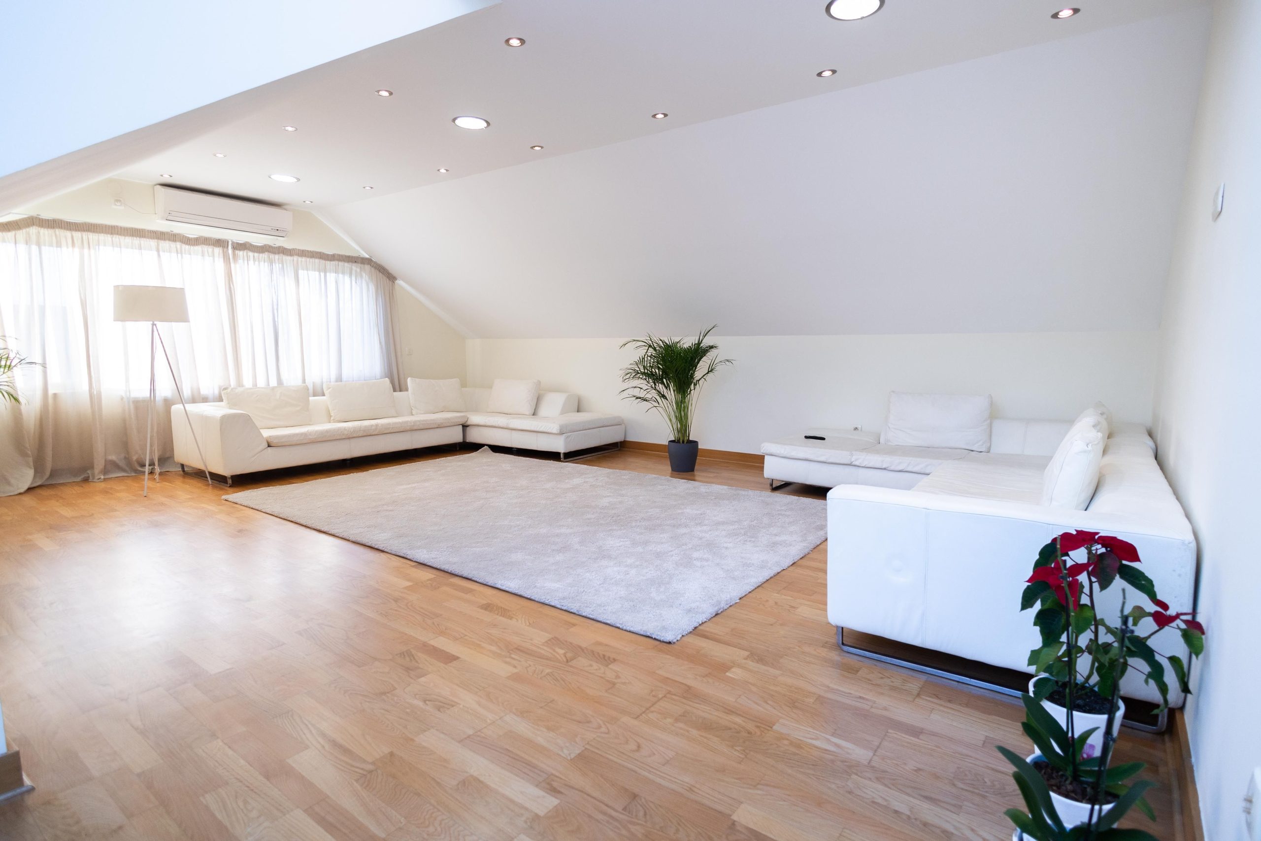 Salon moderne lumineux avec canapés blancs.